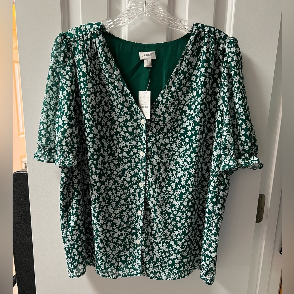 NWT J. Crew Factory Green Floral V-neck Puff Sleeve Button Down Top Size S